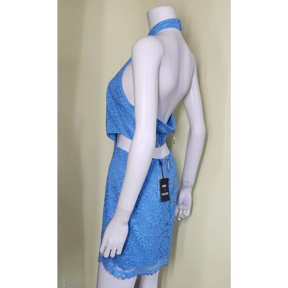 NBD x Naven Cut Out Lace Halter Backless Mini Dress Size M Blue Romantic Luxe - Picture 3 of 11